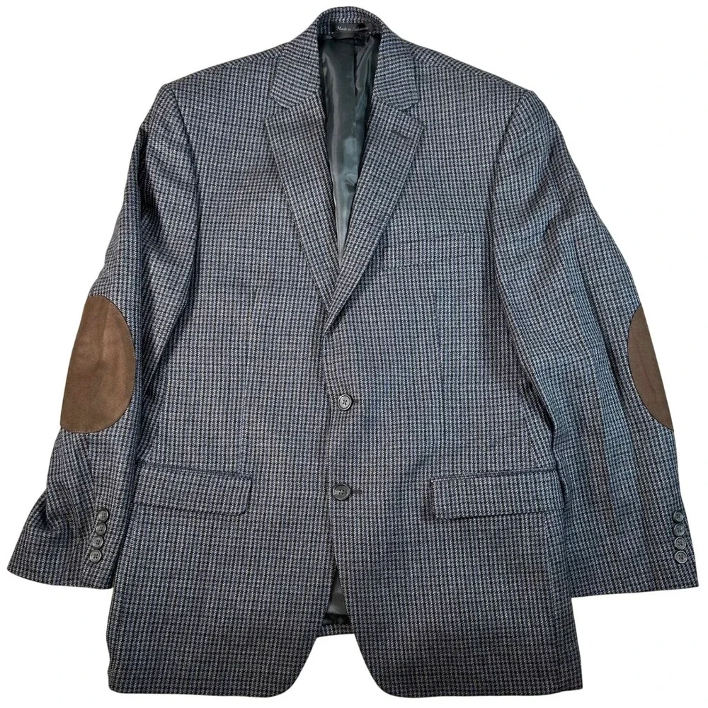 Chaps Mens 40R Wool Blazer Blue Gray Houndstooth Elbow Patches Sport Coat 40 R